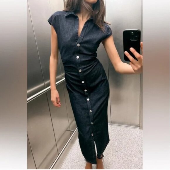 Zara Indigo Denim Cap-Sleeved Midi Button Down Dress - Size XS - Picture 1 of 11